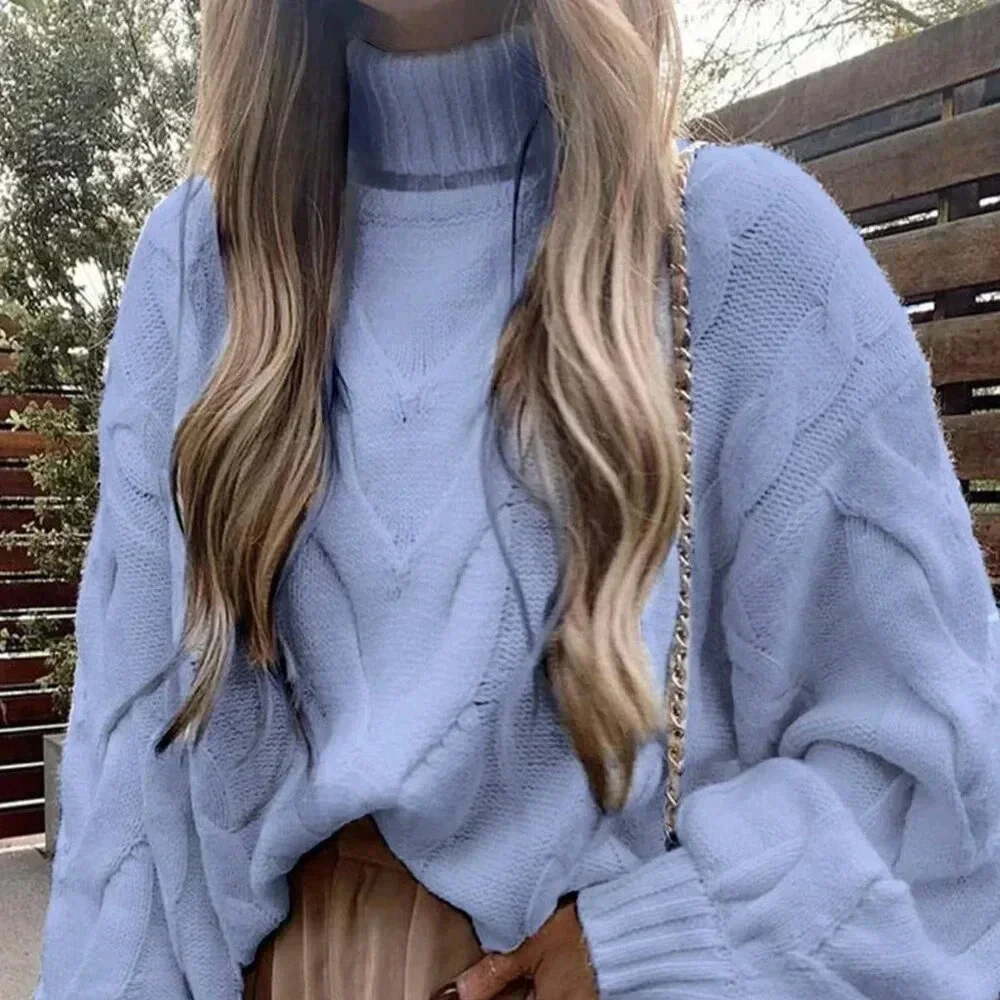 Blue Casual Women's High Collar Sweater